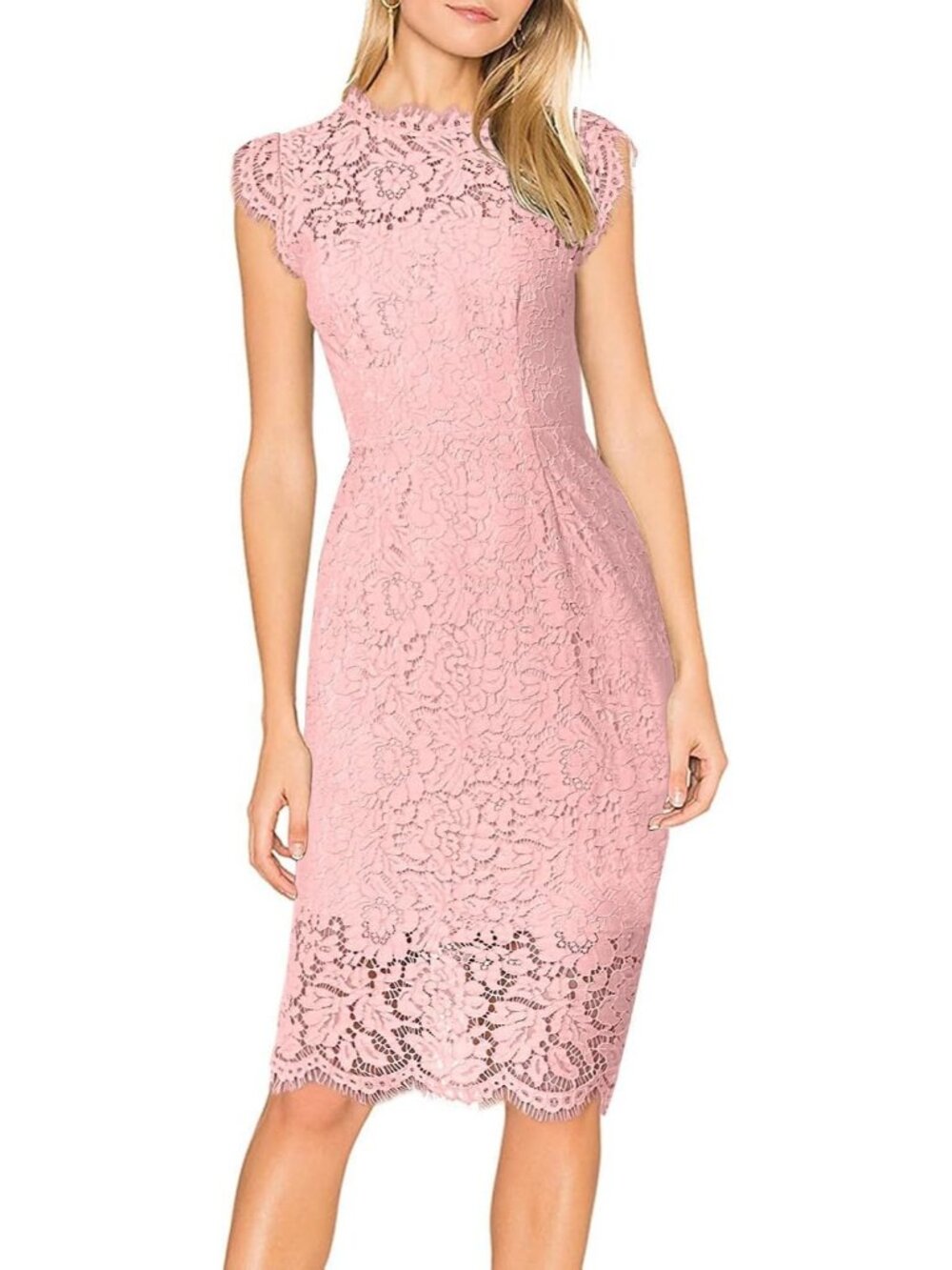 Women's Blush Bean Lace Cocktail Crew Neck Sleeveless Slimming Sheath Midi Dress